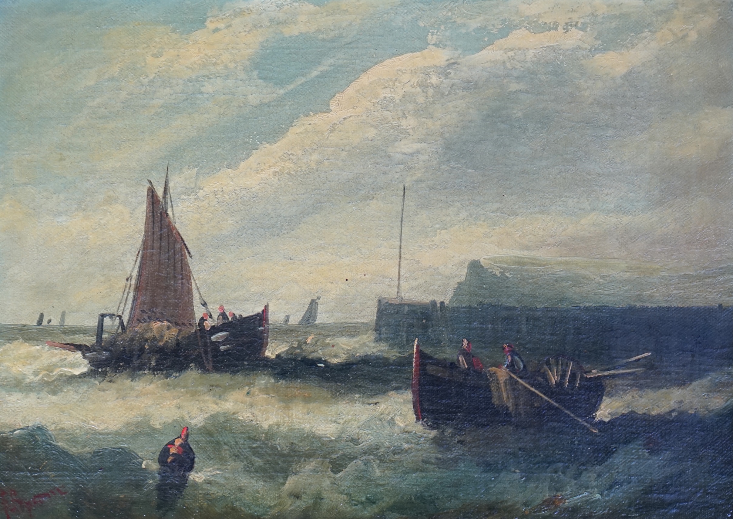 E. Byron, pair of oils on canvas, Fishing boats off the coast, 24 x 34cm. Condition - fair to good, would benefit from a clean